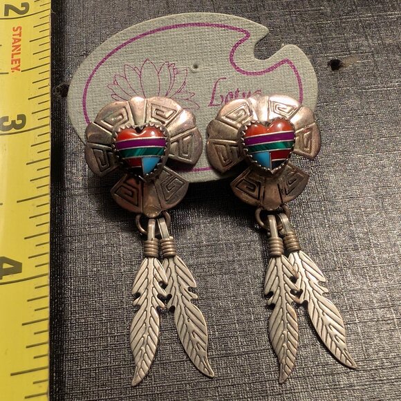Vintage Southwest Style Sterling Silver Gemstone Inlay Heart & Feather Earrings - Picture 1 of 3